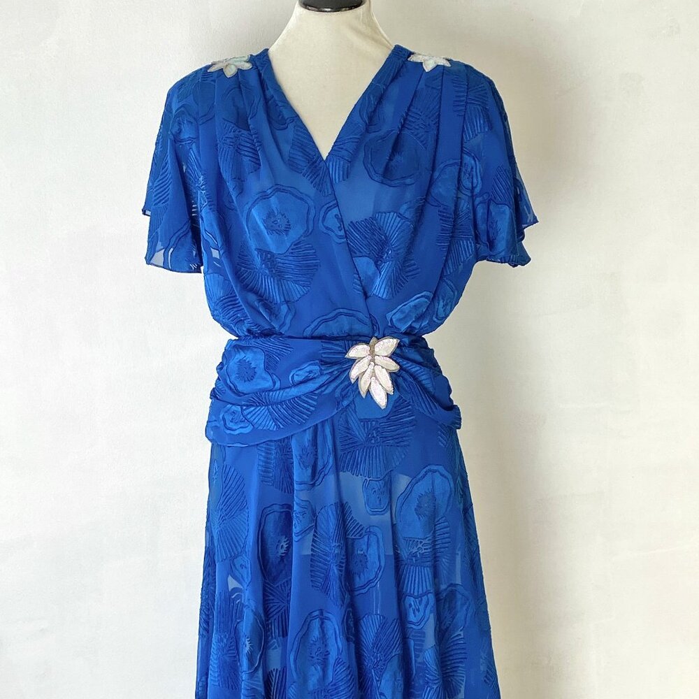 Vintage 80s Sequin Appliqué Dress Disco Burnout Floral Flutter Studio 54 S/M